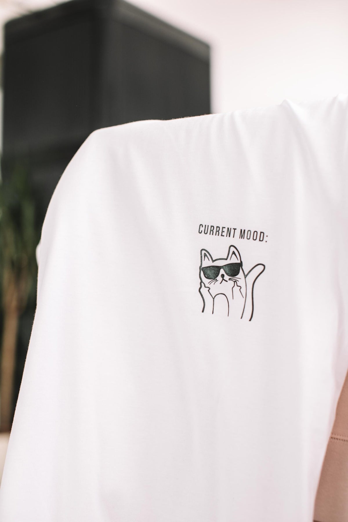 Oversized white cat t-shirt with Current Mood kitty graphic